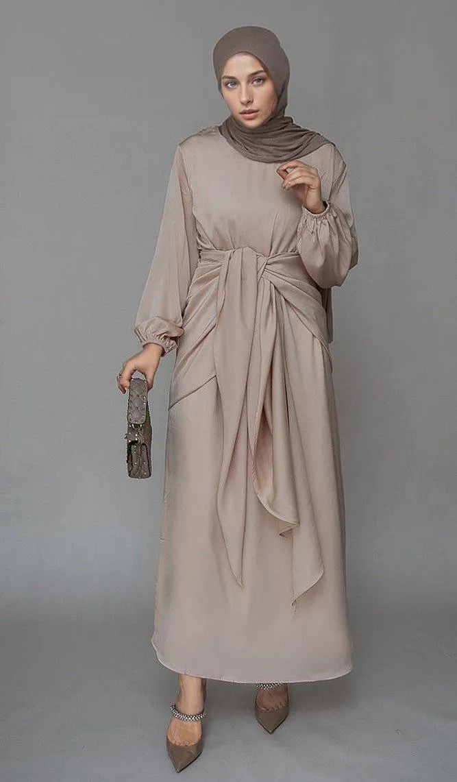 Lulule maxi abaya dress with detached apron elasticated sleeve like tie waist piece in satin light beige