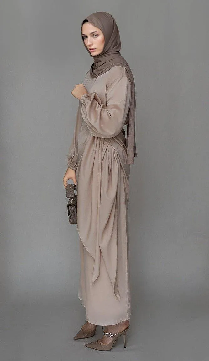 Lulule maxi abaya dress with detached apron elasticated sleeve like tie waist piece in satin light beige