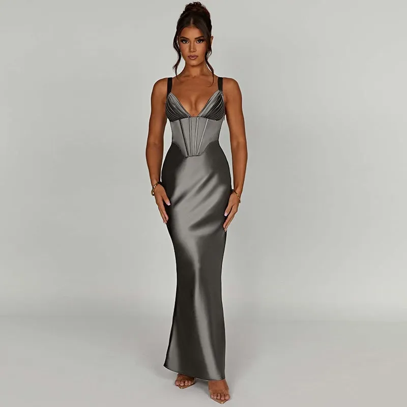 Lux Satin Deep Neck Dress