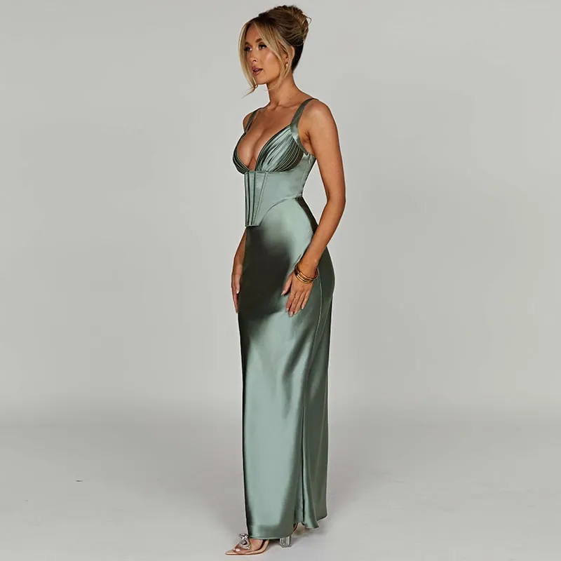 Lux Satin Deep Neck Dress