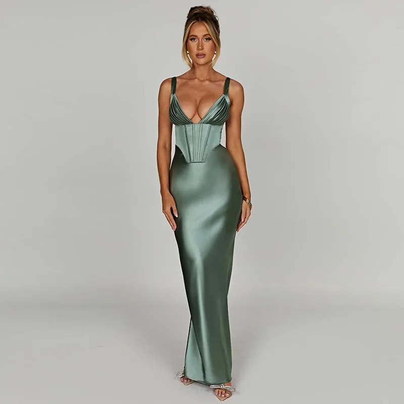 Lux Satin Deep Neck Dress