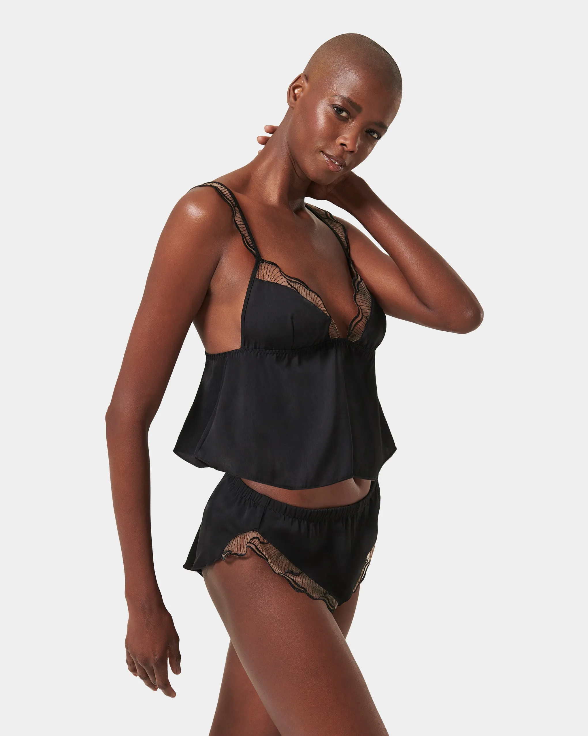 Marabel Luxury Satin Cami and Short Set Black/Sheer