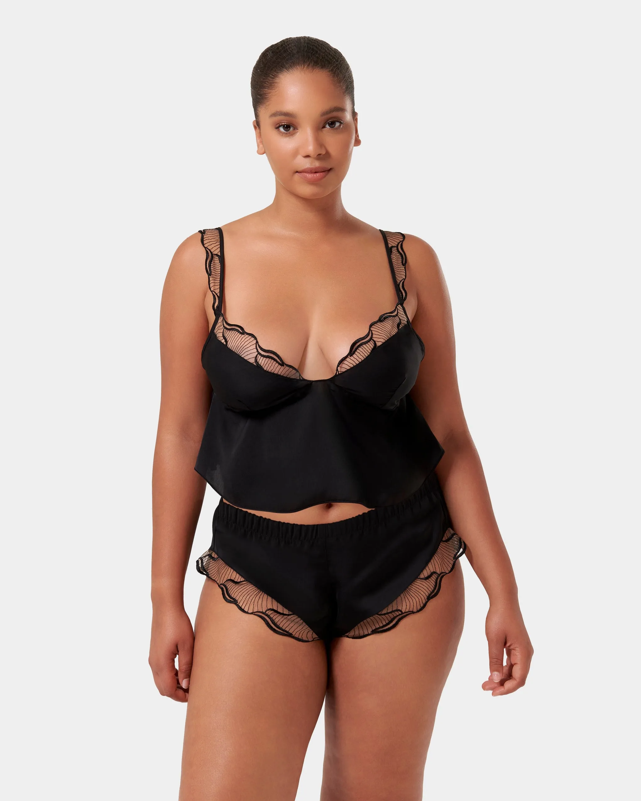 Marabel Luxury Satin Cami and Short Set Black/Sheer