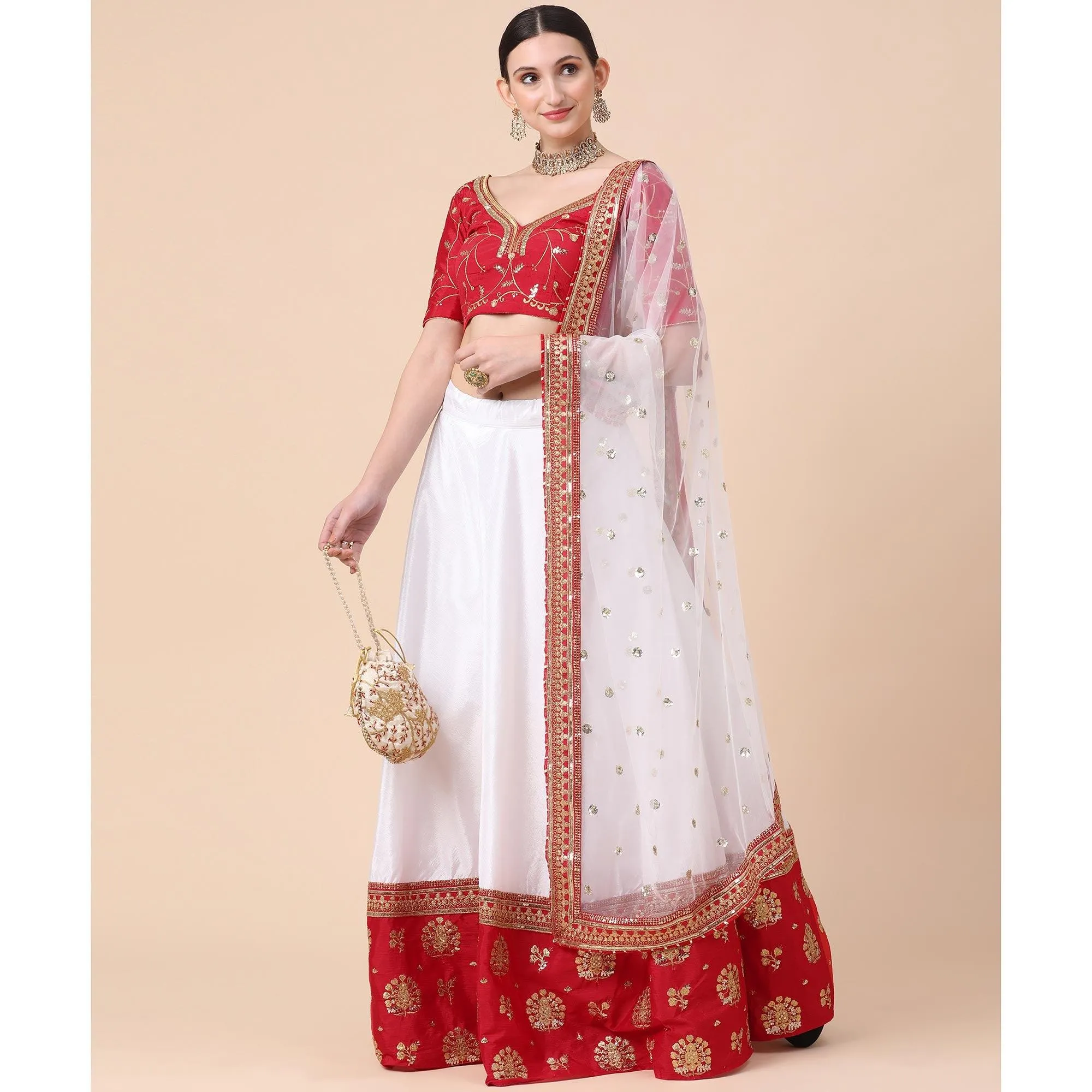 Maroon-White Party Wear Sequins Embroidered Satin Lehenga Choli