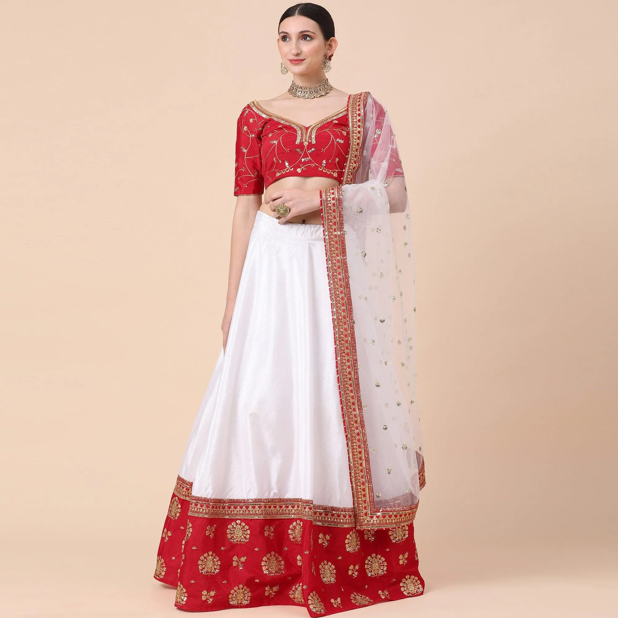 Maroon-White Party Wear Sequins Embroidered Satin Lehenga Choli