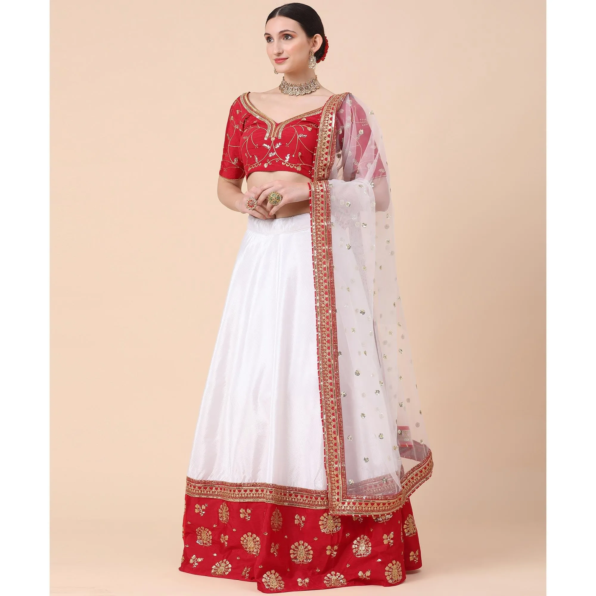 Maroon-White Party Wear Sequins Embroidered Satin Lehenga Choli