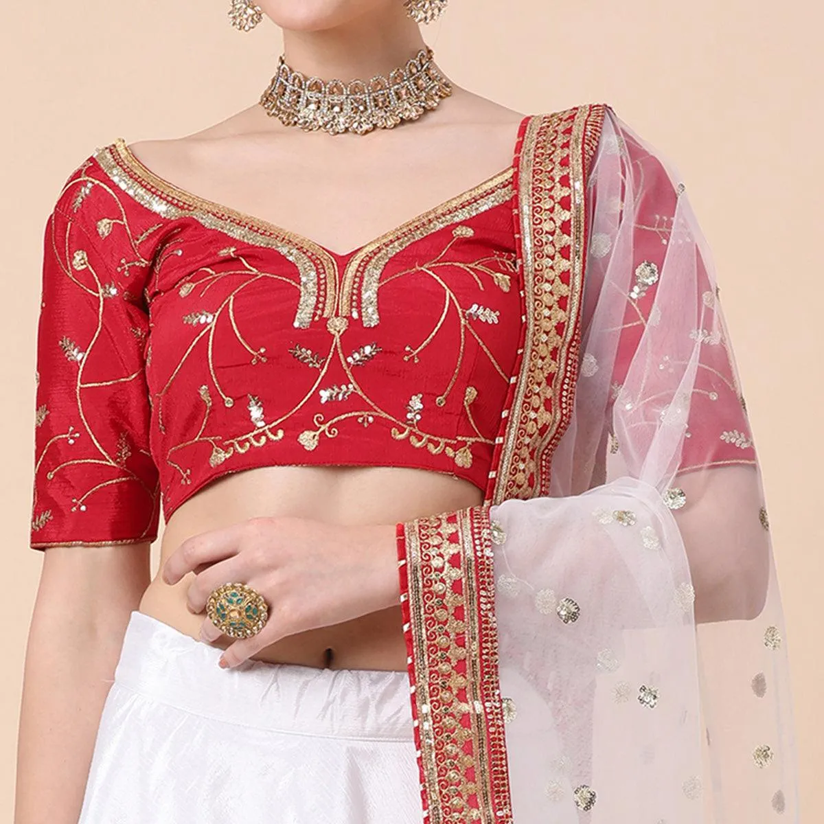 Maroon-White Party Wear Sequins Embroidered Satin Lehenga Choli