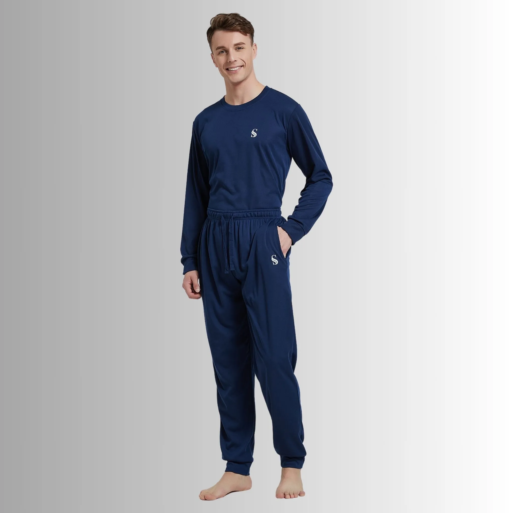 Men's Brushed Navy Pyjama Set, Jogger Style Luxury Loungewear