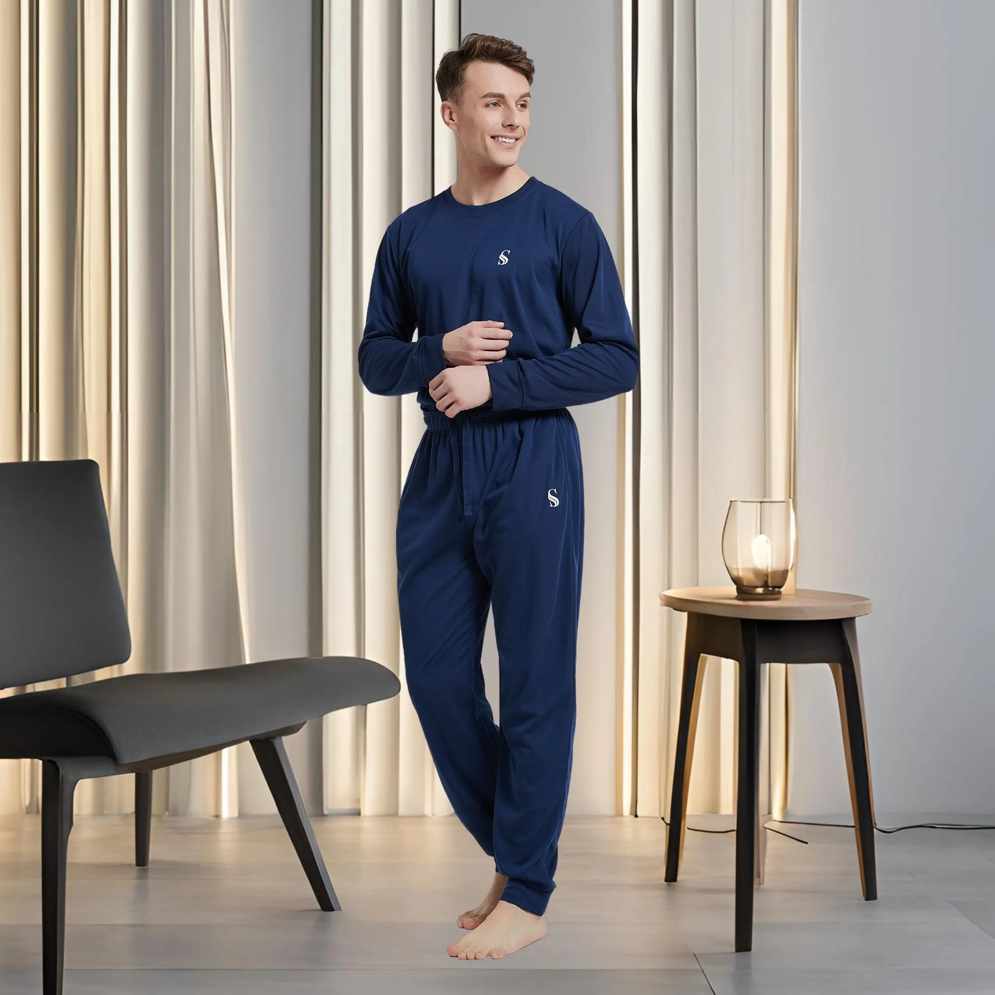 Men's Brushed Navy Pyjama Set, Jogger Style Luxury Loungewear