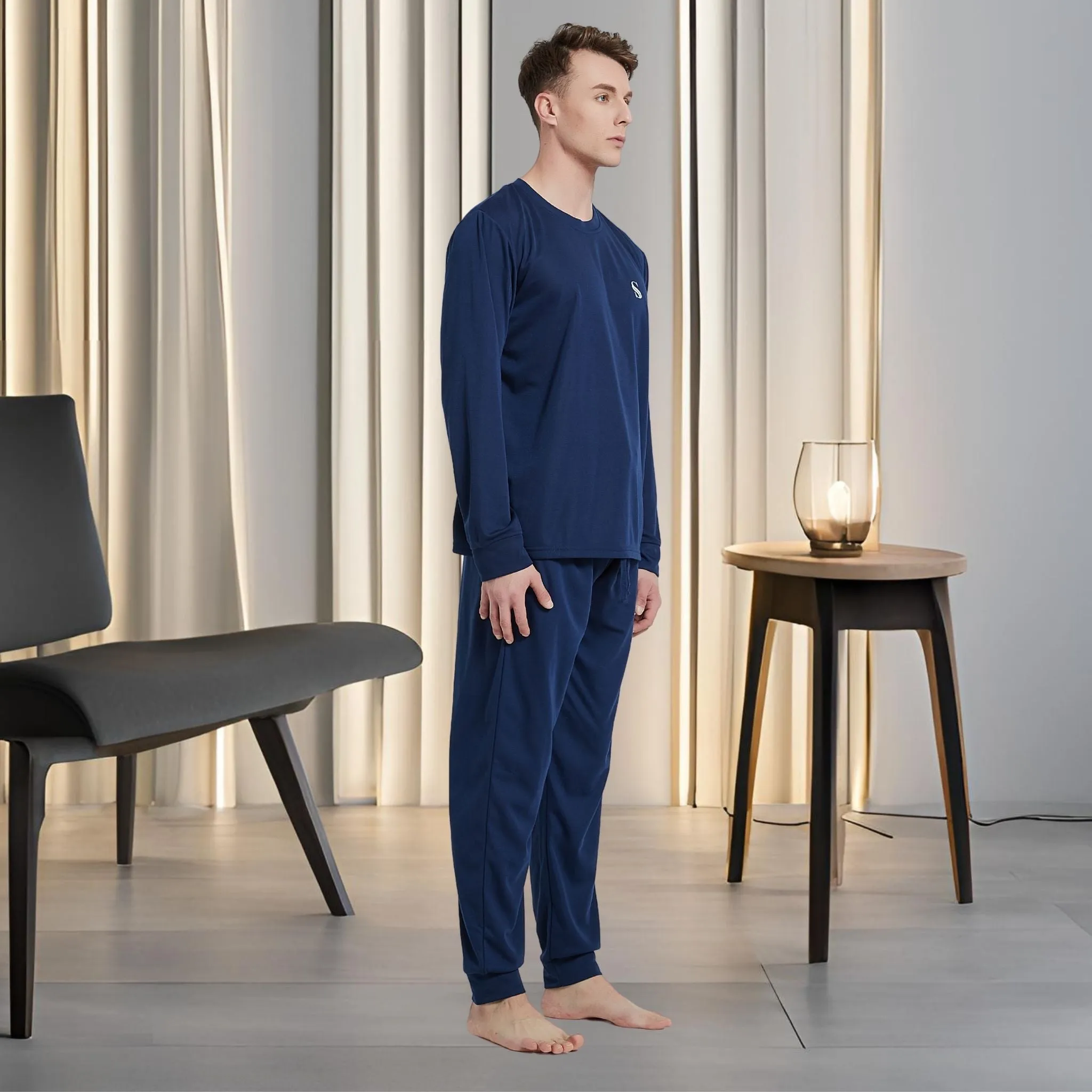 Men's Brushed Navy Pyjama Set, Jogger Style Luxury Loungewear