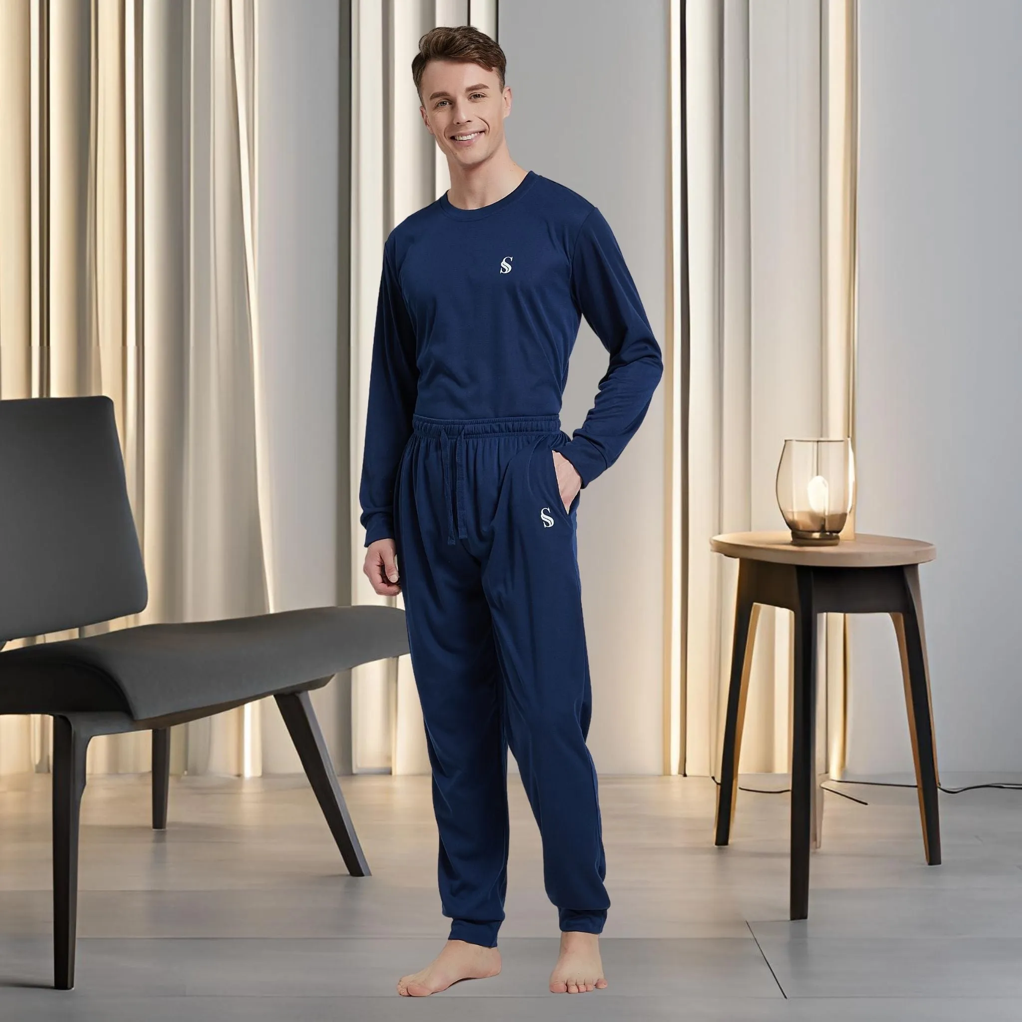 Men's Brushed Navy Pyjama Set, Jogger Style Luxury Loungewear