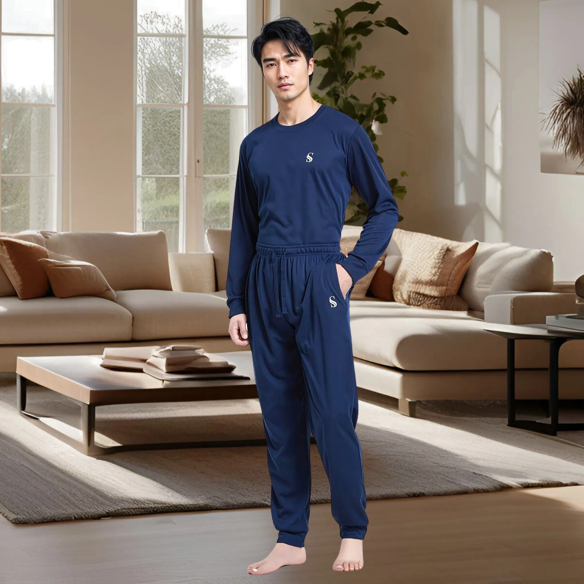 Men's Brushed Navy Pyjama Set, Jogger Style Luxury Loungewear