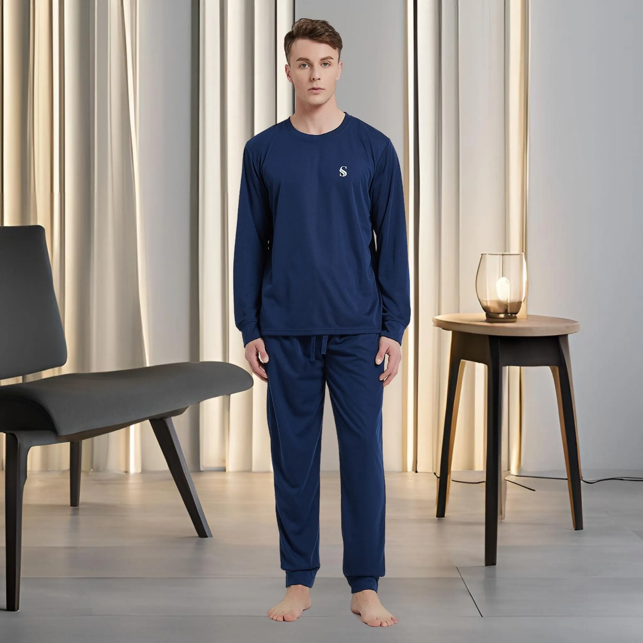 Men's Brushed Navy Pyjama Set, Jogger Style Luxury Loungewear