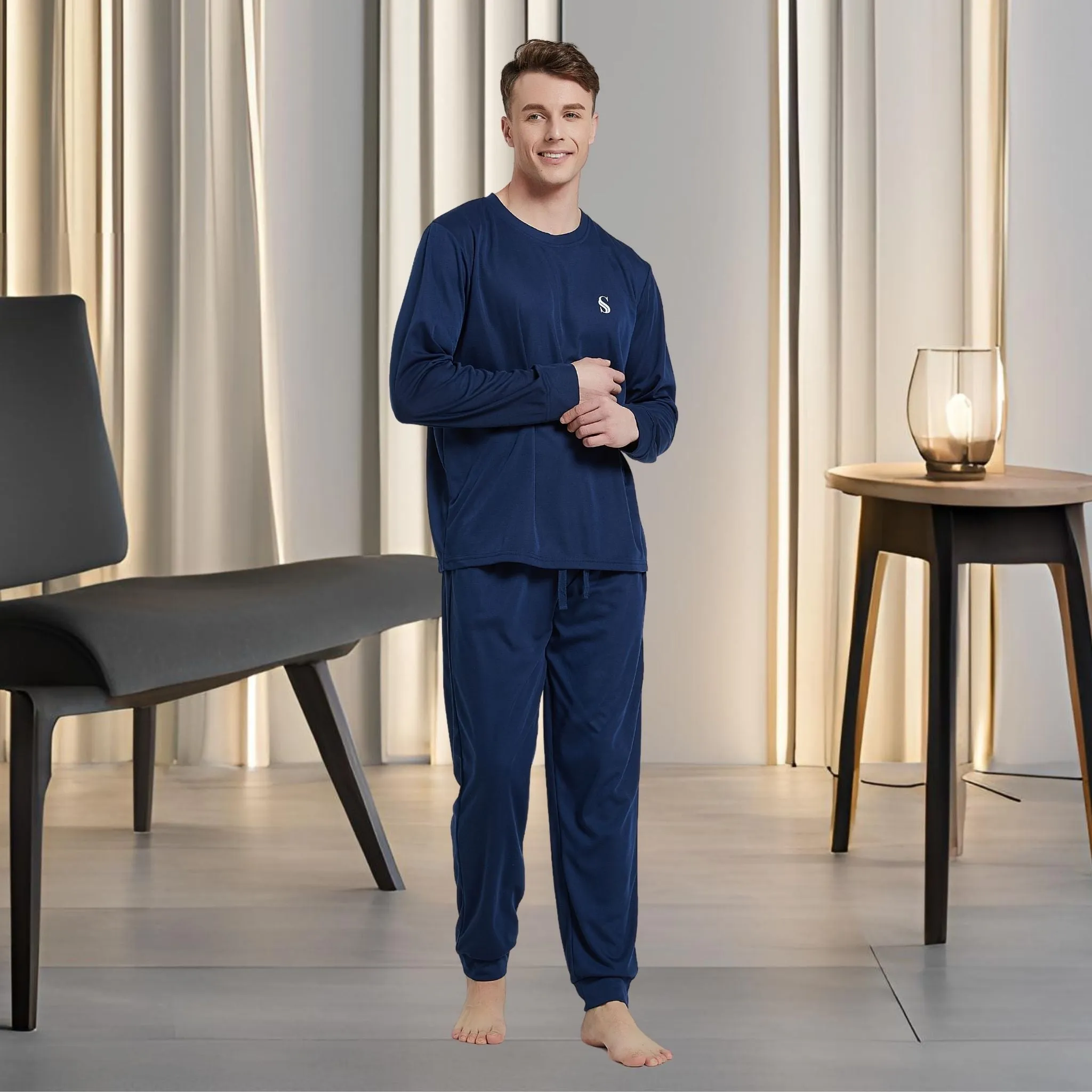 Men's Brushed Navy Pyjama Set, Jogger Style Luxury Loungewear