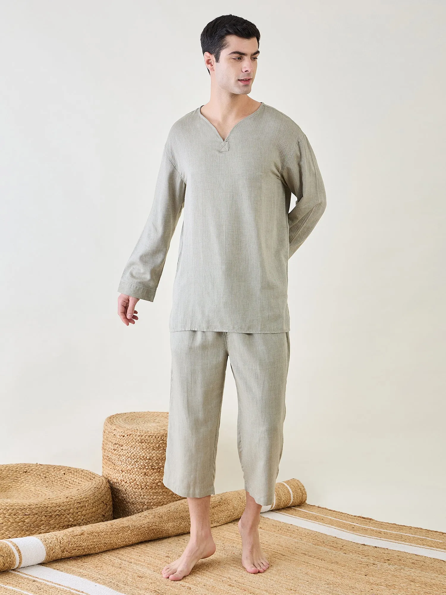 Mens Green Cotton 3/4 Pyjama Set