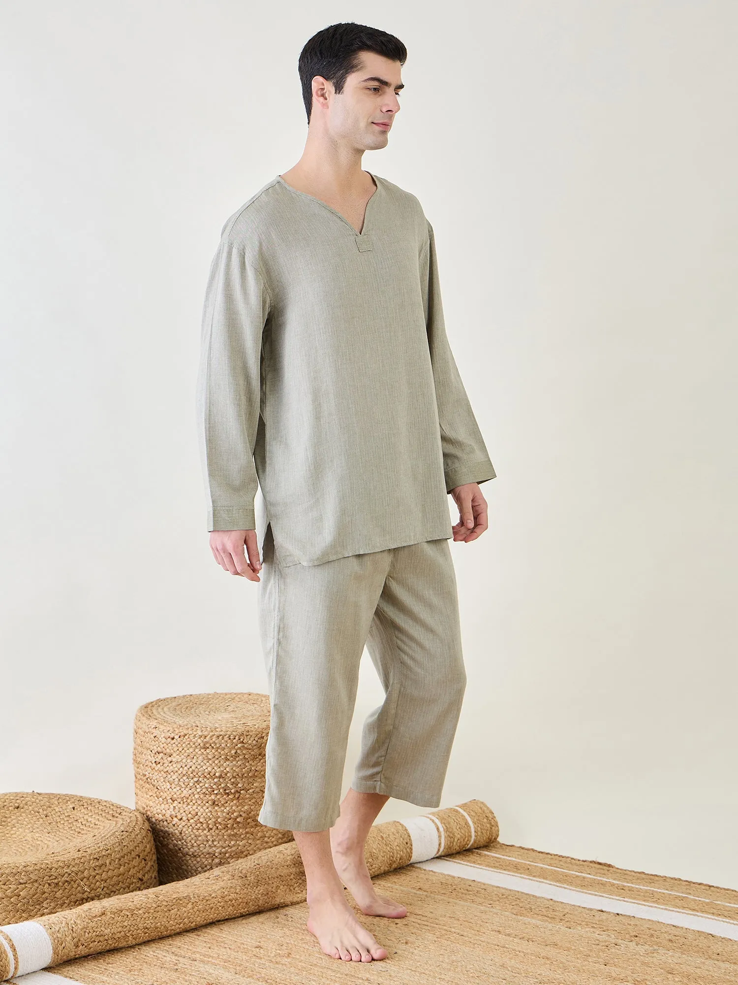 Mens Green Cotton 3/4 Pyjama Set