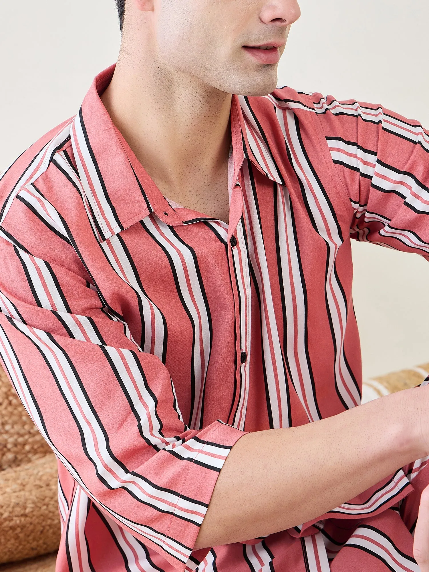 Mens Rust Striped Pyjama Set