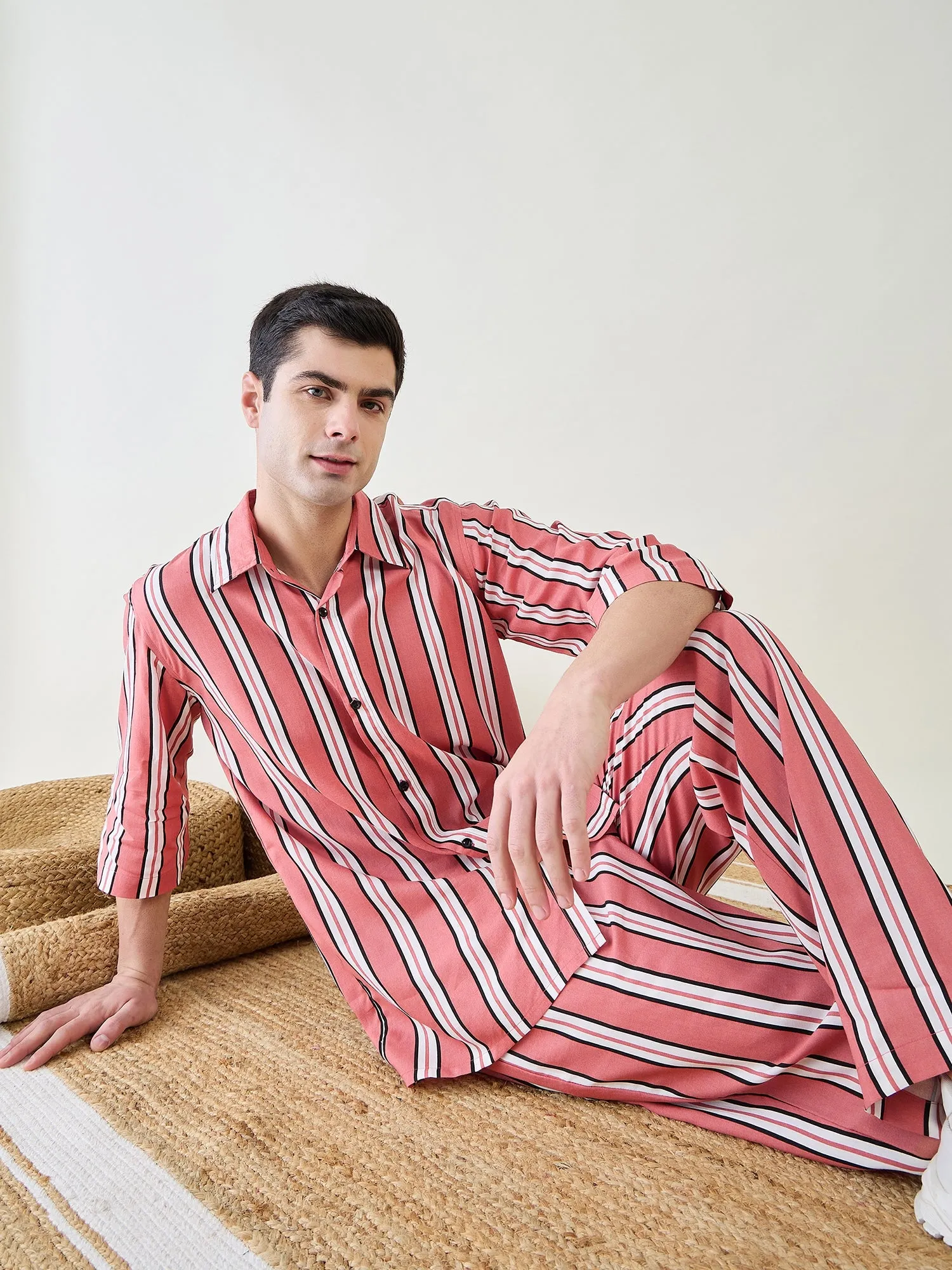 Mens Rust Striped Pyjama Set