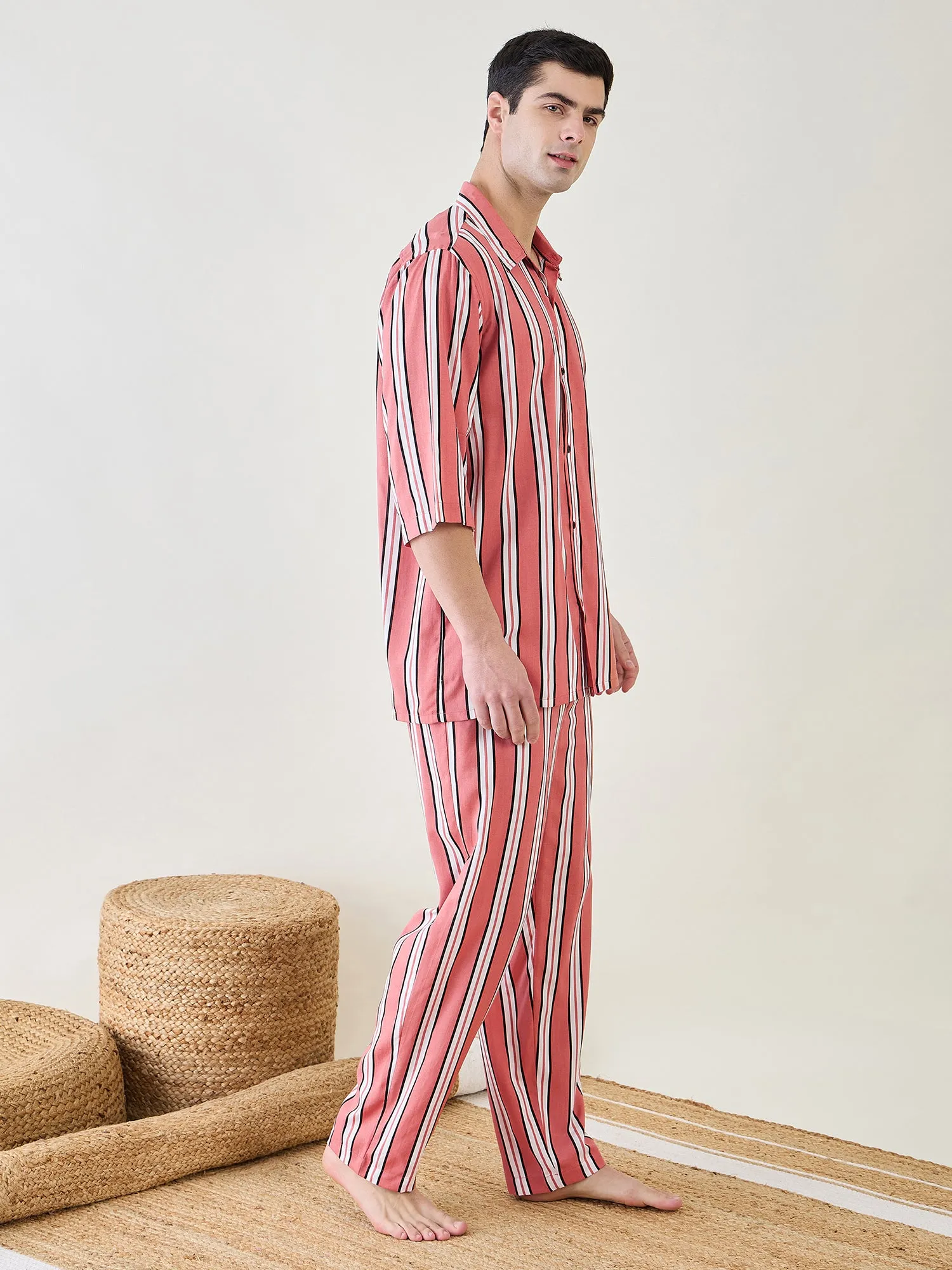 Mens Rust Striped Pyjama Set