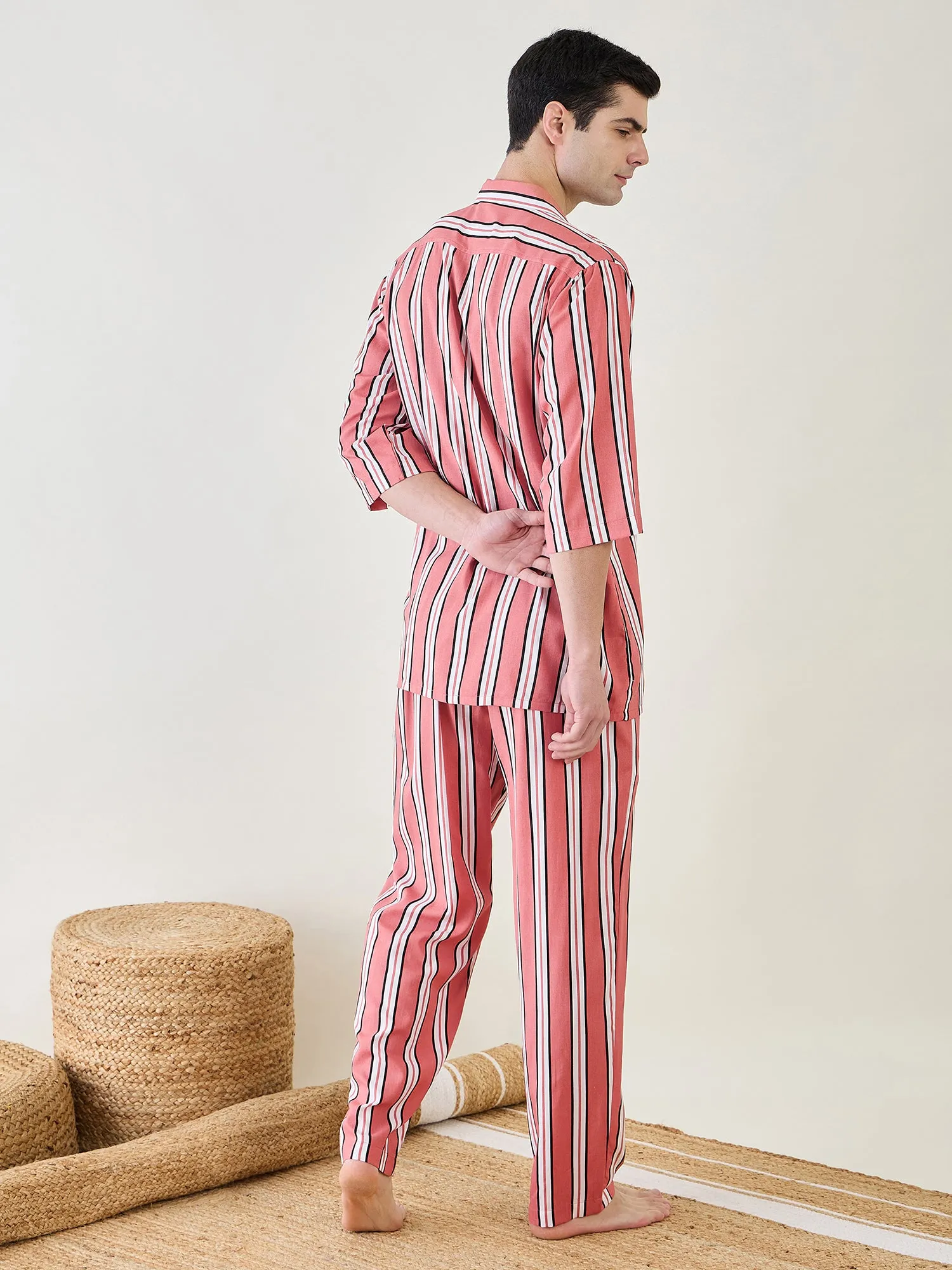 Mens Rust Striped Pyjama Set