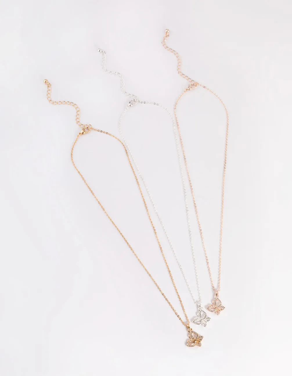 Mixed Metal Diamante Butterfly Necklace Pack