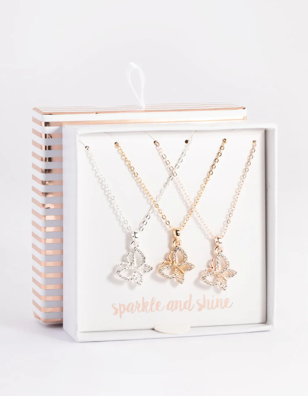 Mixed Metal Diamante Butterfly Necklace Pack