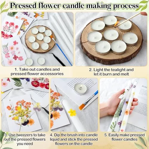 MTLEE 30-Piece Premium Pressed Flower Candle Crafting Kit - Includes 12 Elegant White Taper Candles, 10 Chic White Tealight Candles, 6 Sets of Exquisite Dried Pressed Flowers, Tweezers, and Brush for DIY Candle Projects, Perfect for Birthdays, Weddings, and Party Favors