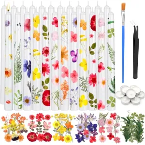 MTLEE 30-Piece Premium Pressed Flower Candle Crafting Kit - Includes 12 Elegant White Taper Candles, 10 Chic White Tealight Candles, 6 Sets of Exquisite Dried Pressed Flowers, Tweezers, and Brush for DIY Candle Projects, Perfect for Birthdays, Weddings, and Party Favors