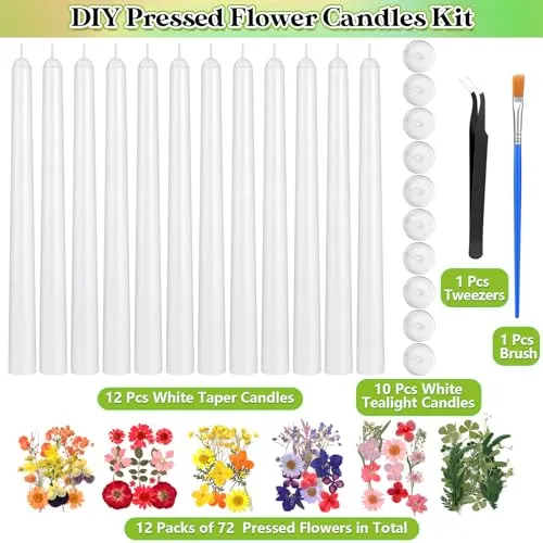 MTLEE 30-Piece Premium Pressed Flower Candle Crafting Kit - Includes 12 Elegant White Taper Candles, 10 Chic White Tealight Candles, 6 Sets of Exquisite Dried Pressed Flowers, Tweezers, and Brush for DIY Candle Projects, Perfect for Birthdays, Weddings, and Party Favors