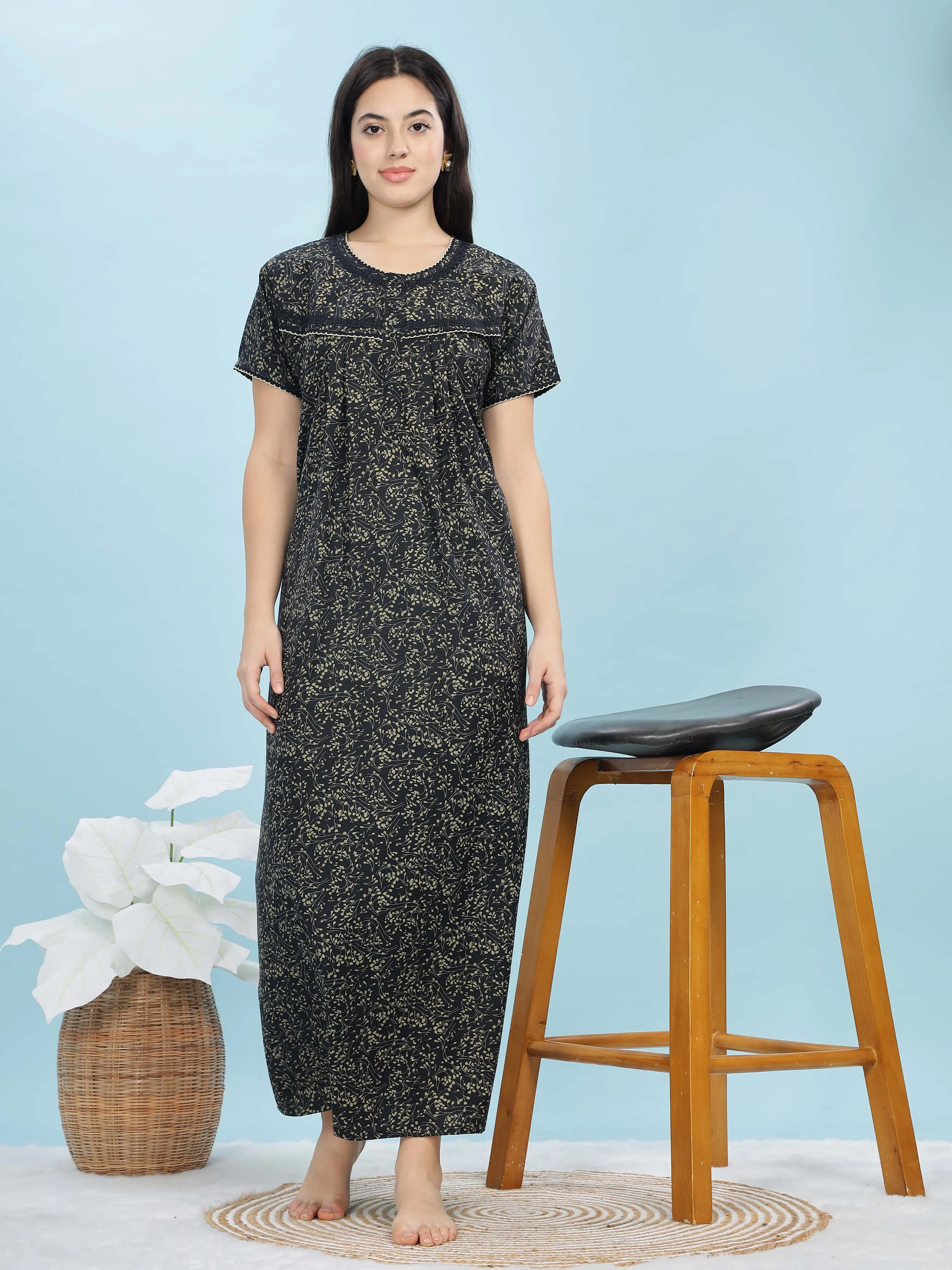 Navy Blue Ethnic Motif Nighty – Chic, Full-Length Comfort for Women