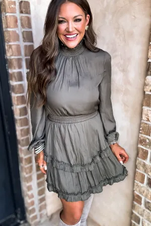 Olive Smock Neck Ruffle Dress