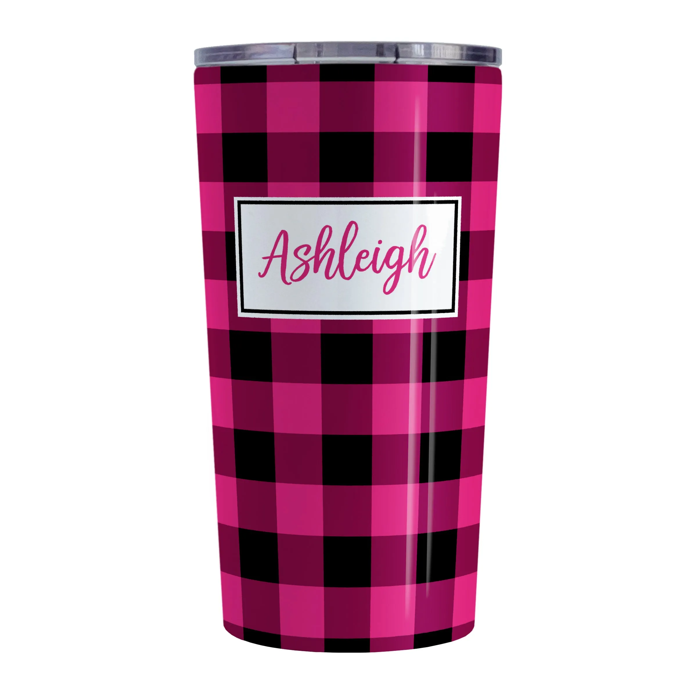 Personalized Pink and Black Buffalo Plaid Tumbler Cup