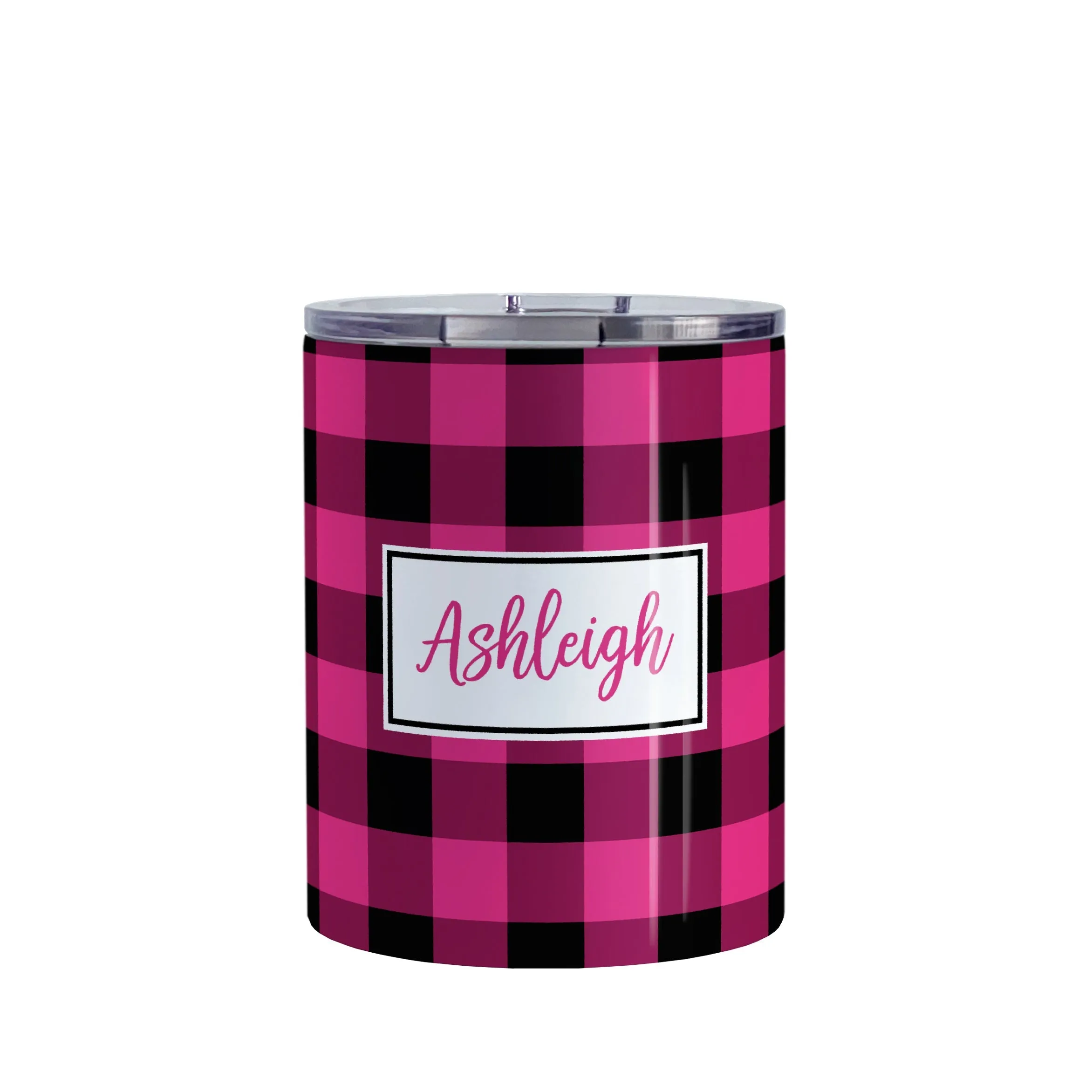 Personalized Pink and Black Buffalo Plaid Tumbler Cup