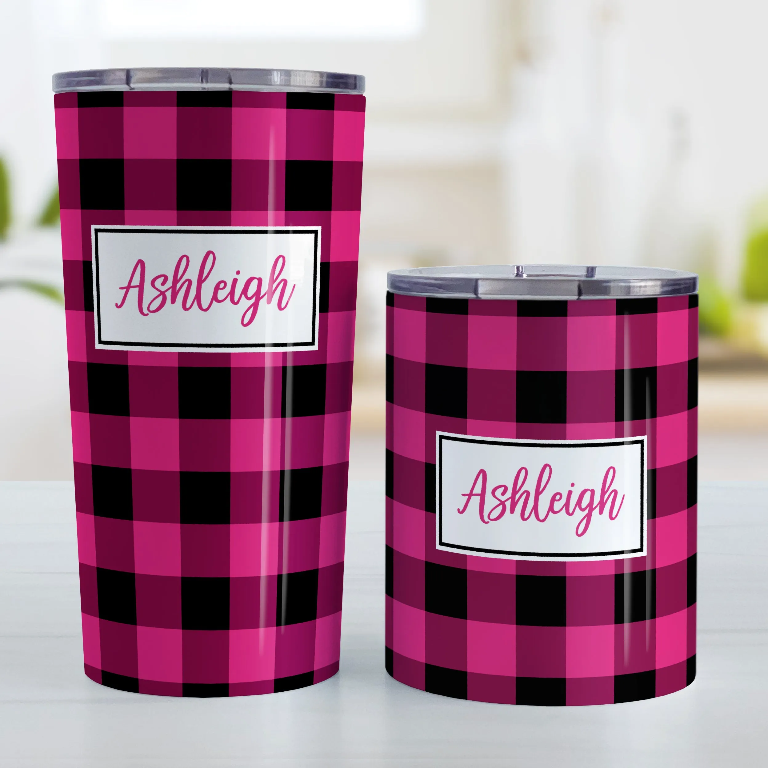 Personalized Pink and Black Buffalo Plaid Tumbler Cup