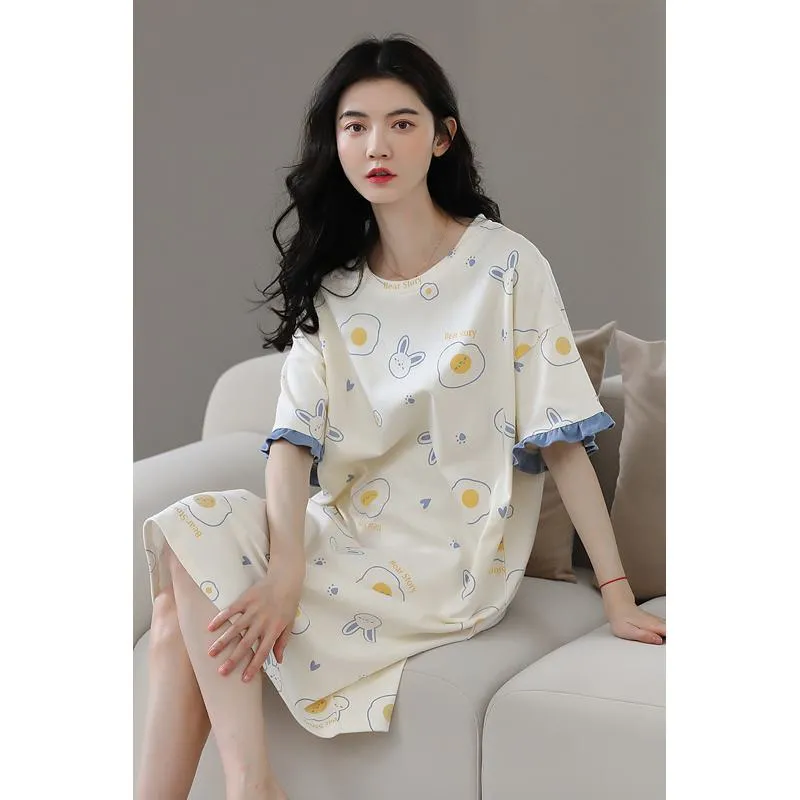 Pleated Off-White Tightly Woven Pure Cotton Bunny Lounge Dress