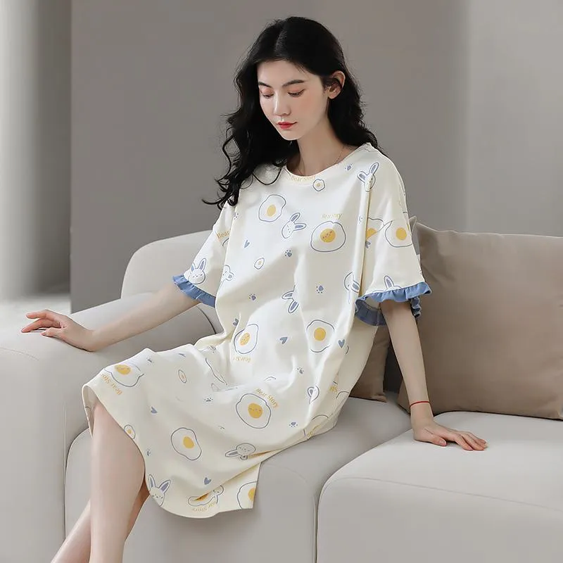 Pleated Off-White Tightly Woven Pure Cotton Bunny Lounge Dress