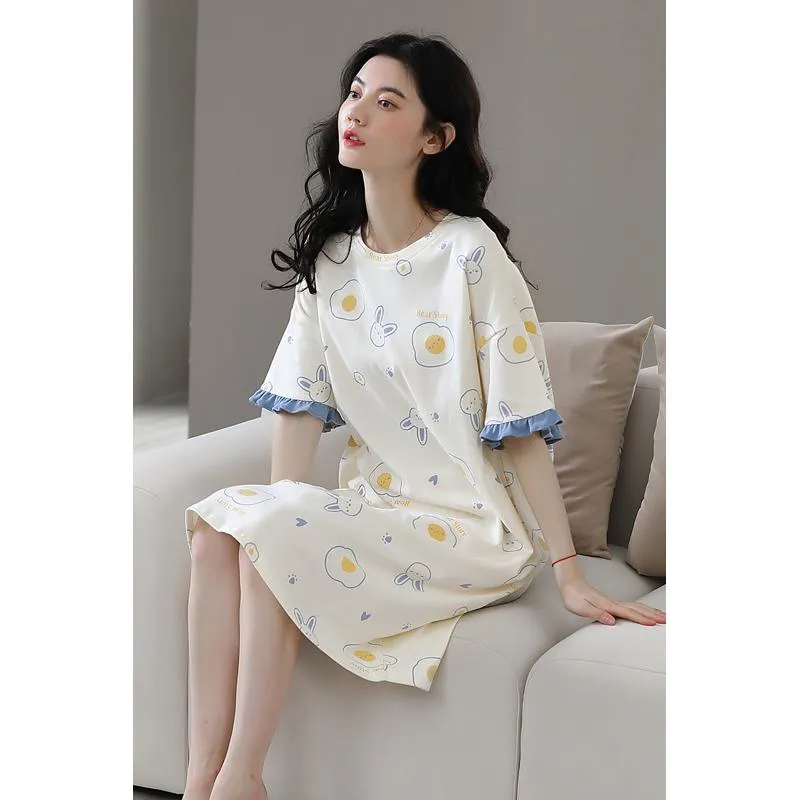 Pleated Off-White Tightly Woven Pure Cotton Bunny Lounge Dress