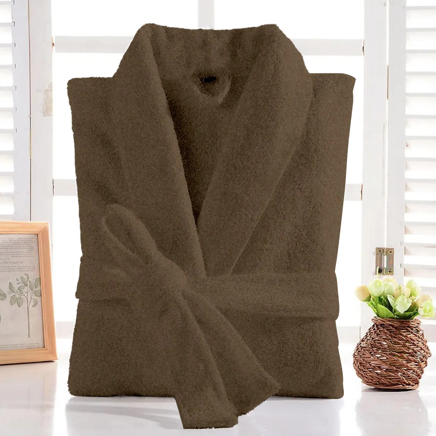 Premium Cotton Brown Terry Bathrobe with Pockets Suitable for Men and Women, Soft & Warm Terry Home Bathrobe, Sleepwear Loungewear, One Size Fits All