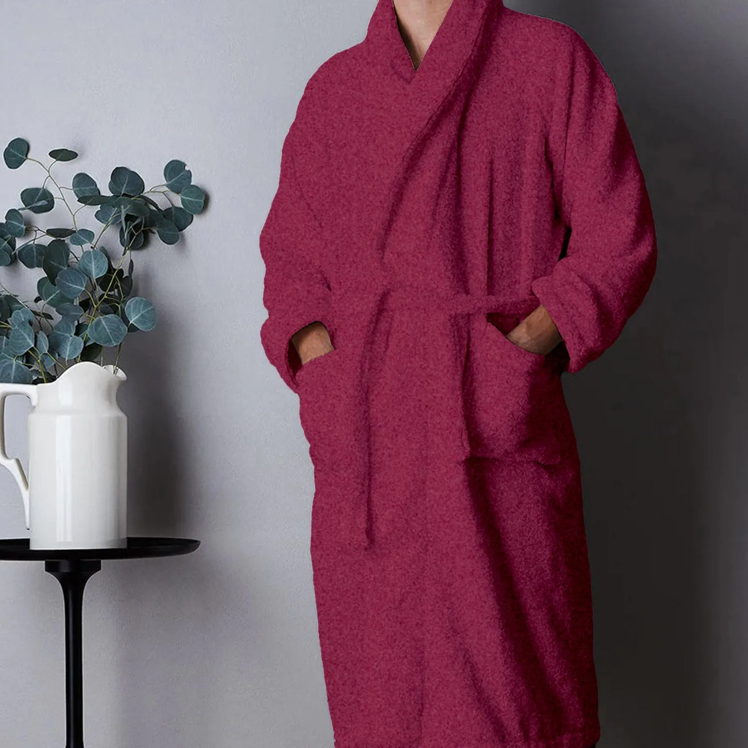 Premium Cotton Burgundy Terry Bathrobe with Pockets Suitable for Men and Women, Soft & Warm Terry Home Bathrobe, Sleepwear Loungewear, One Size Fits All