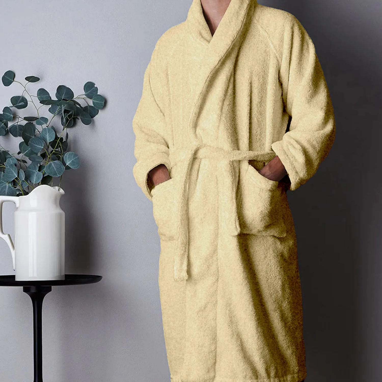 Premium Cotton Cream Terry Bathrobe with Pockets Suitable for Men and Women, Soft & Warm Terry Home Bathrobe, Sleepwear Loungewear, One Size Fits All