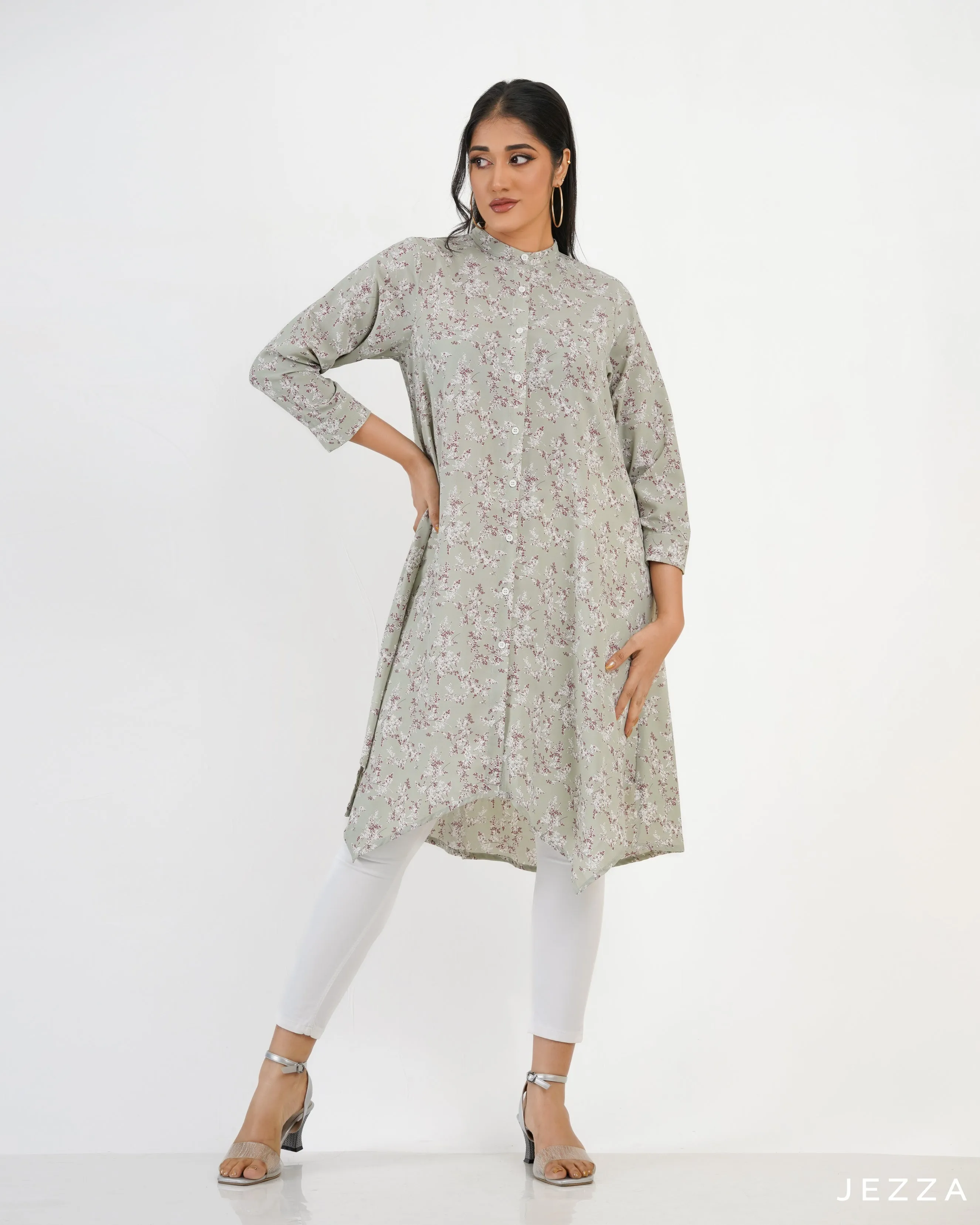 Printed Button Down Top With Decorative Hem 57871