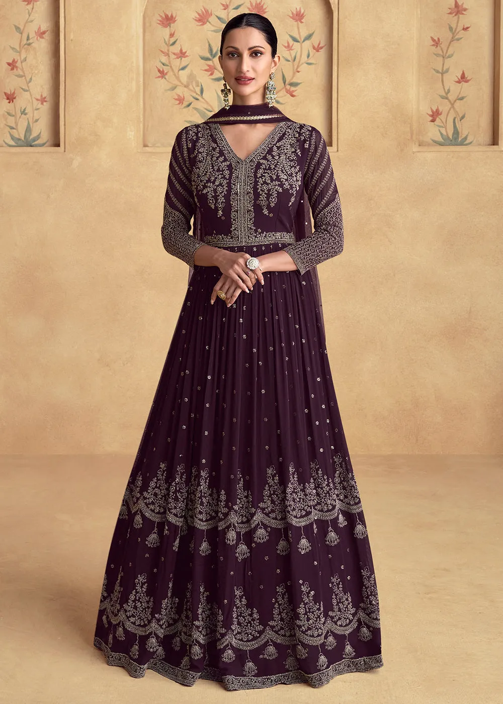 Purple Embroidered Georgette Wedding Party Anarkali Suit