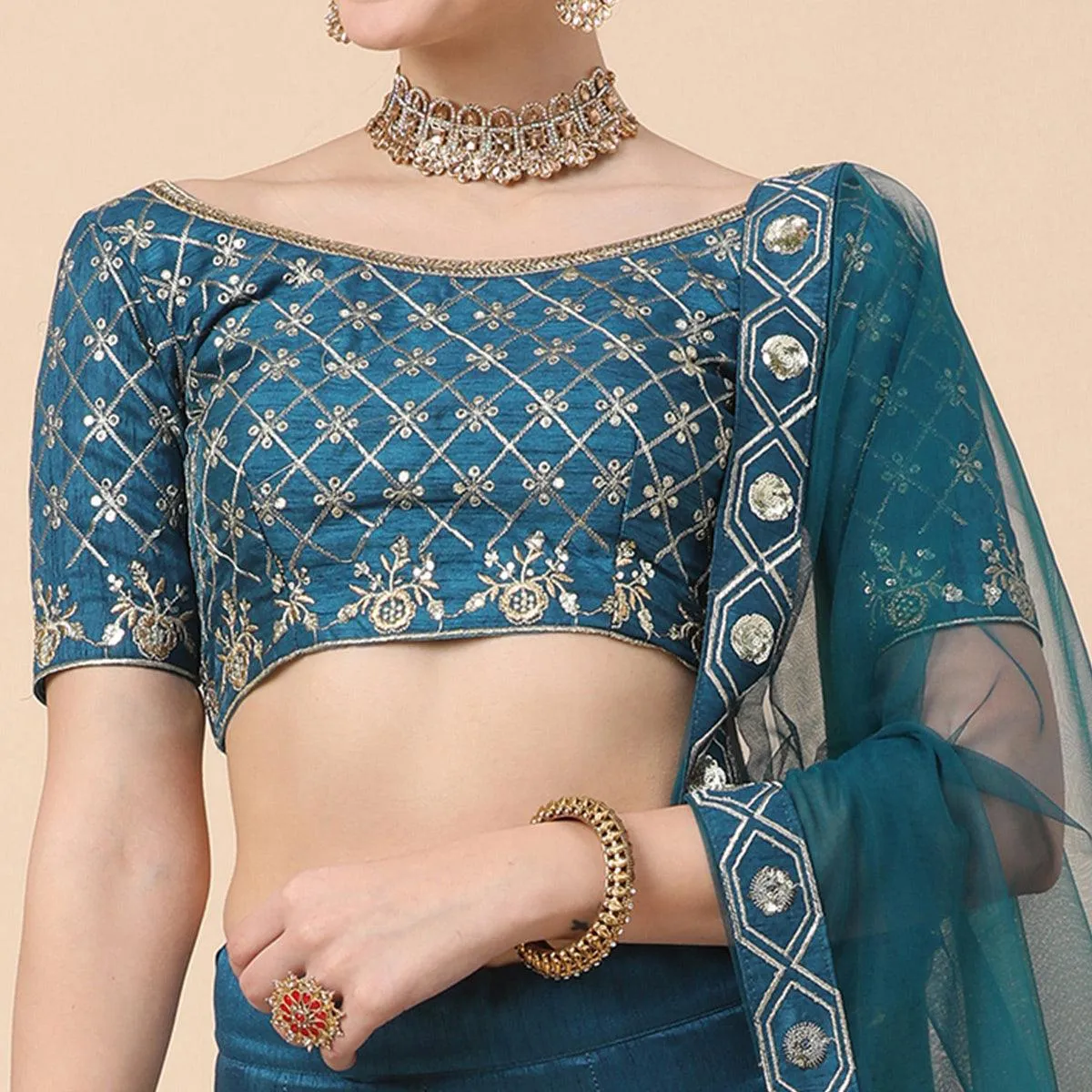 Rama Blue Party Wear Sequins Embroidered Satin Lehenga Choli