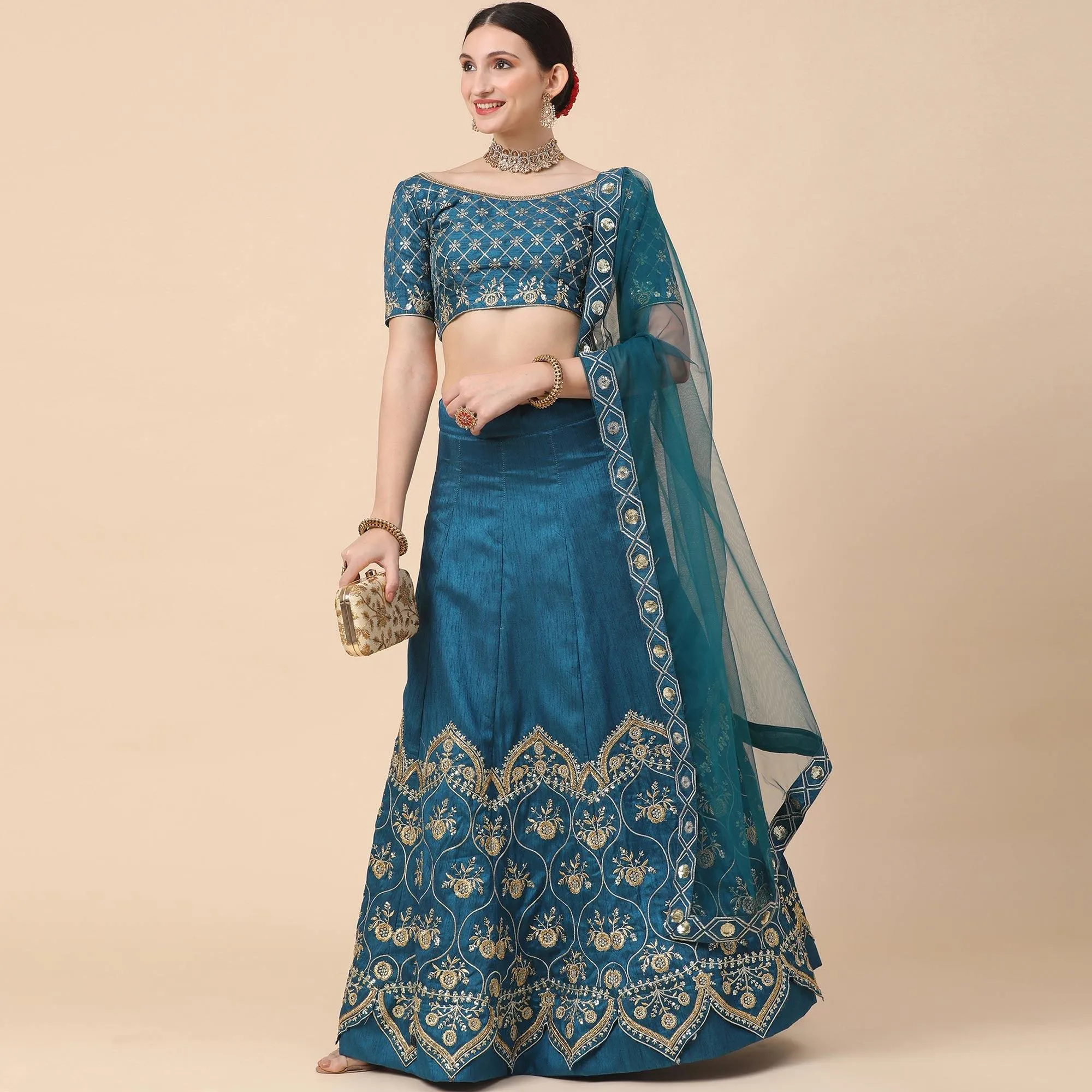 Rama Blue Party Wear Sequins Embroidered Satin Lehenga Choli