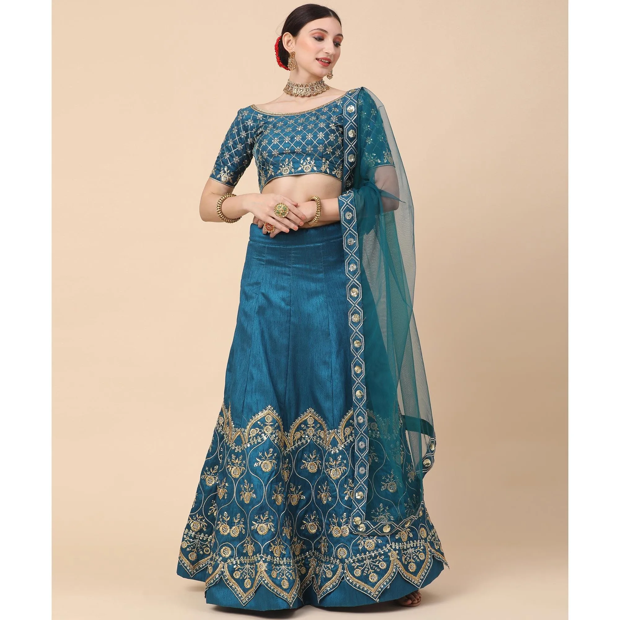 Rama Blue Party Wear Sequins Embroidered Satin Lehenga Choli