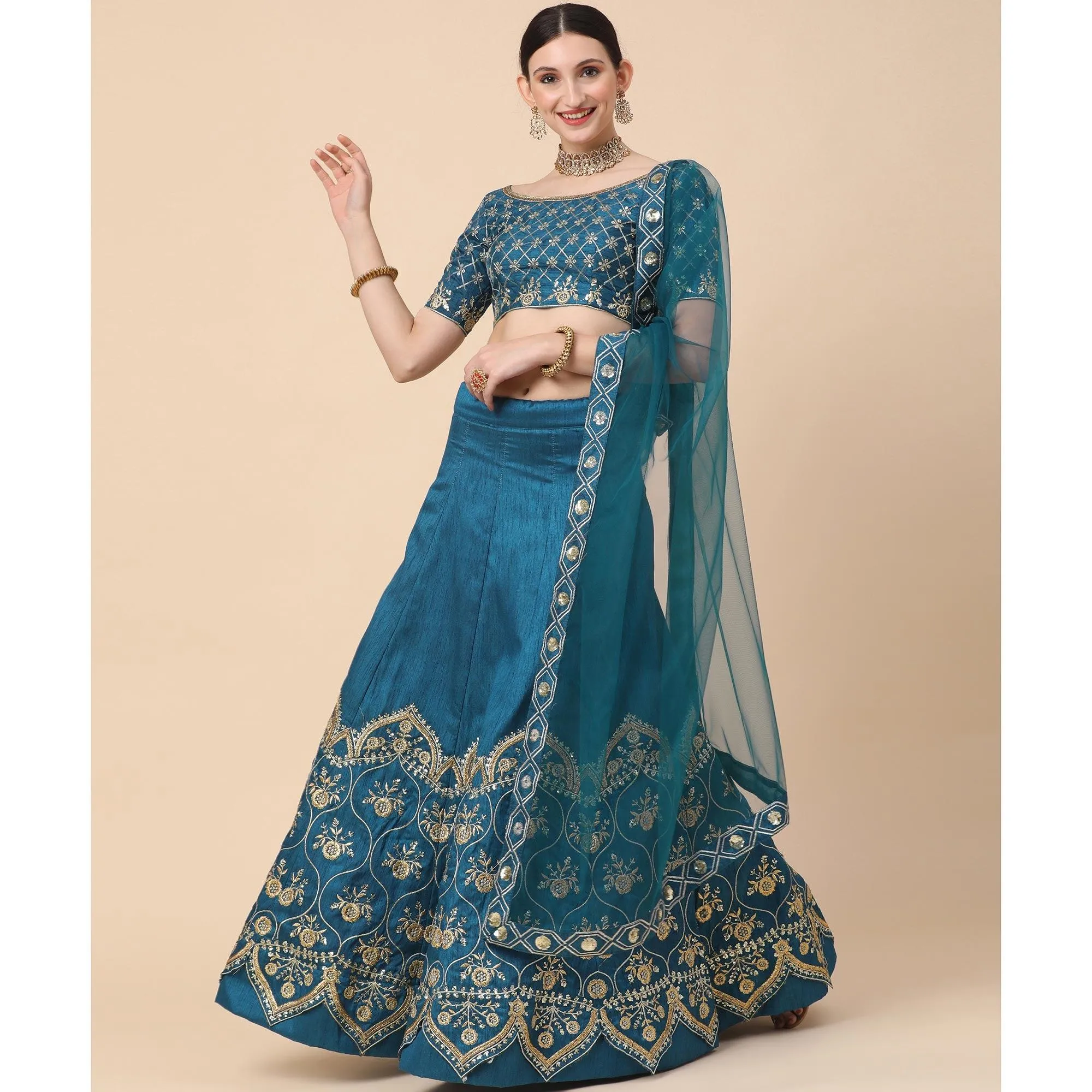 Rama Blue Party Wear Sequins Embroidered Satin Lehenga Choli