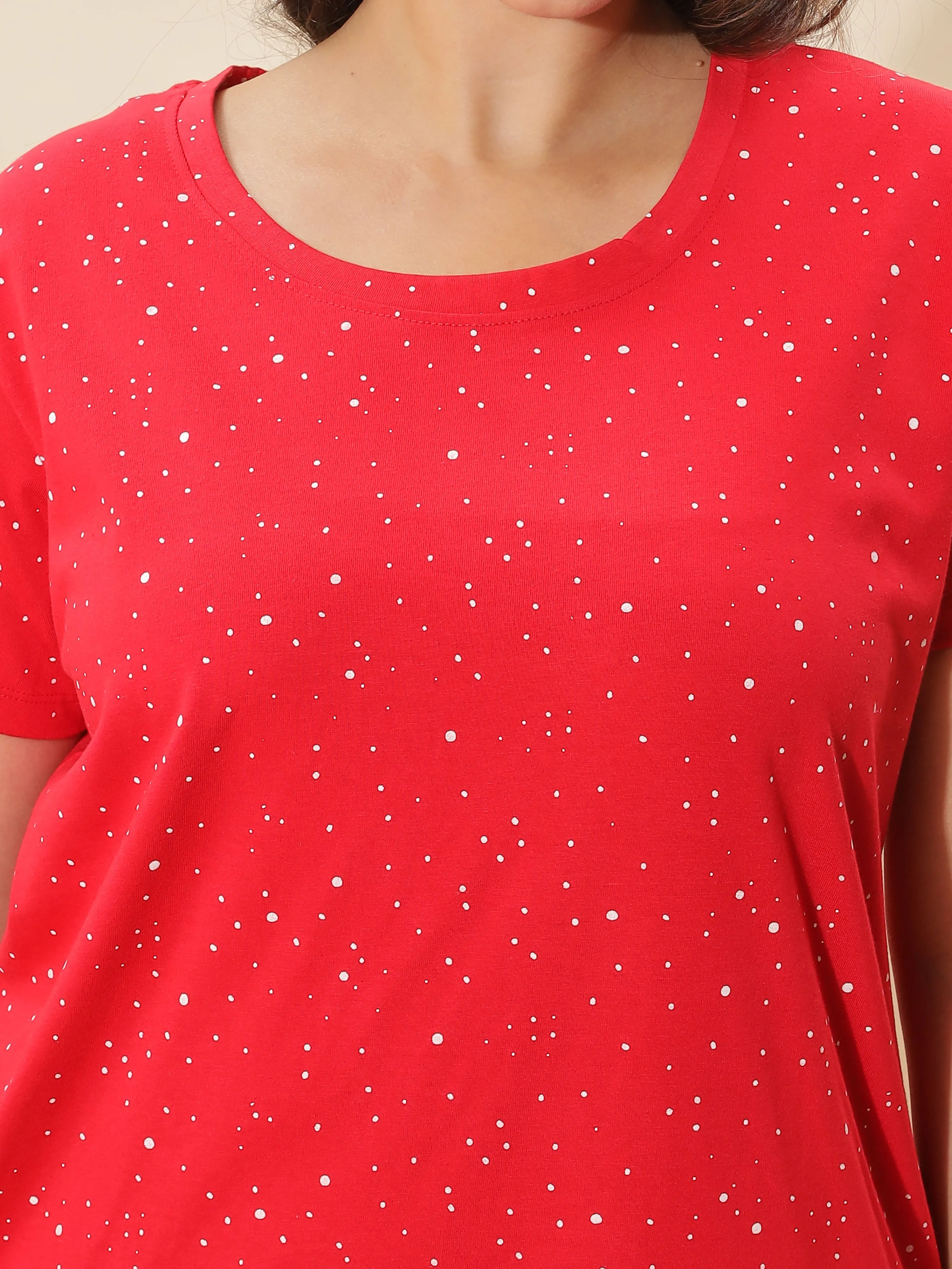 Red Polka Dot Cotton Short Nighty with Pocket for Women