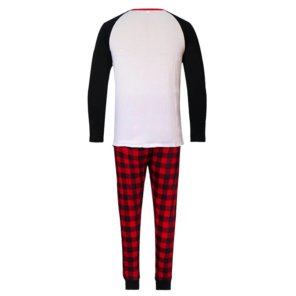 Reindeer Letter Print Ragaln-sleeve Red Plaid Pajamas Sets