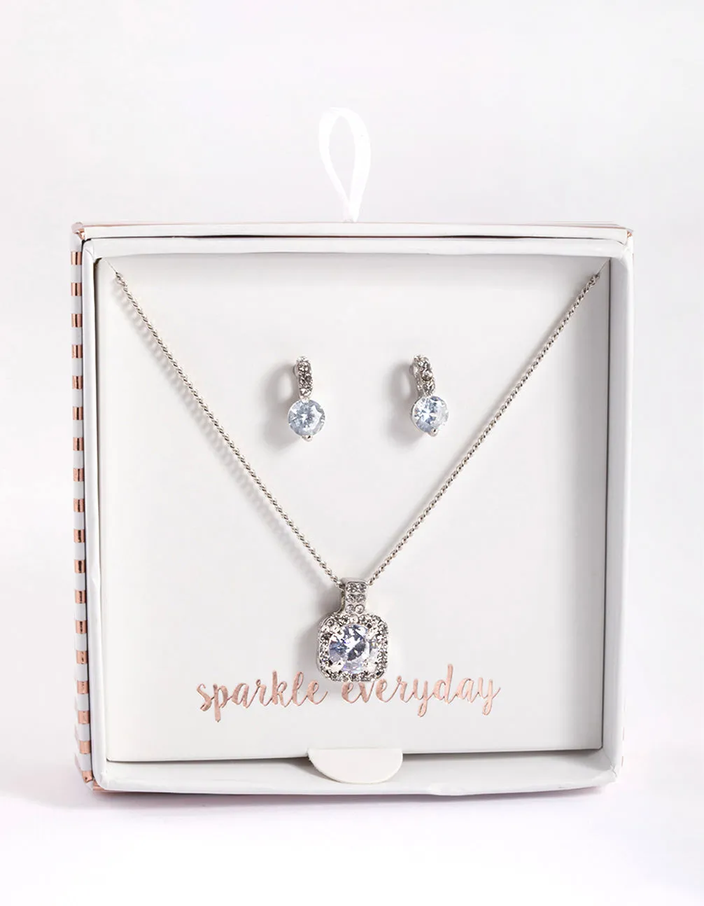 Rhodium Square Halo Necklace & Stud Earrings