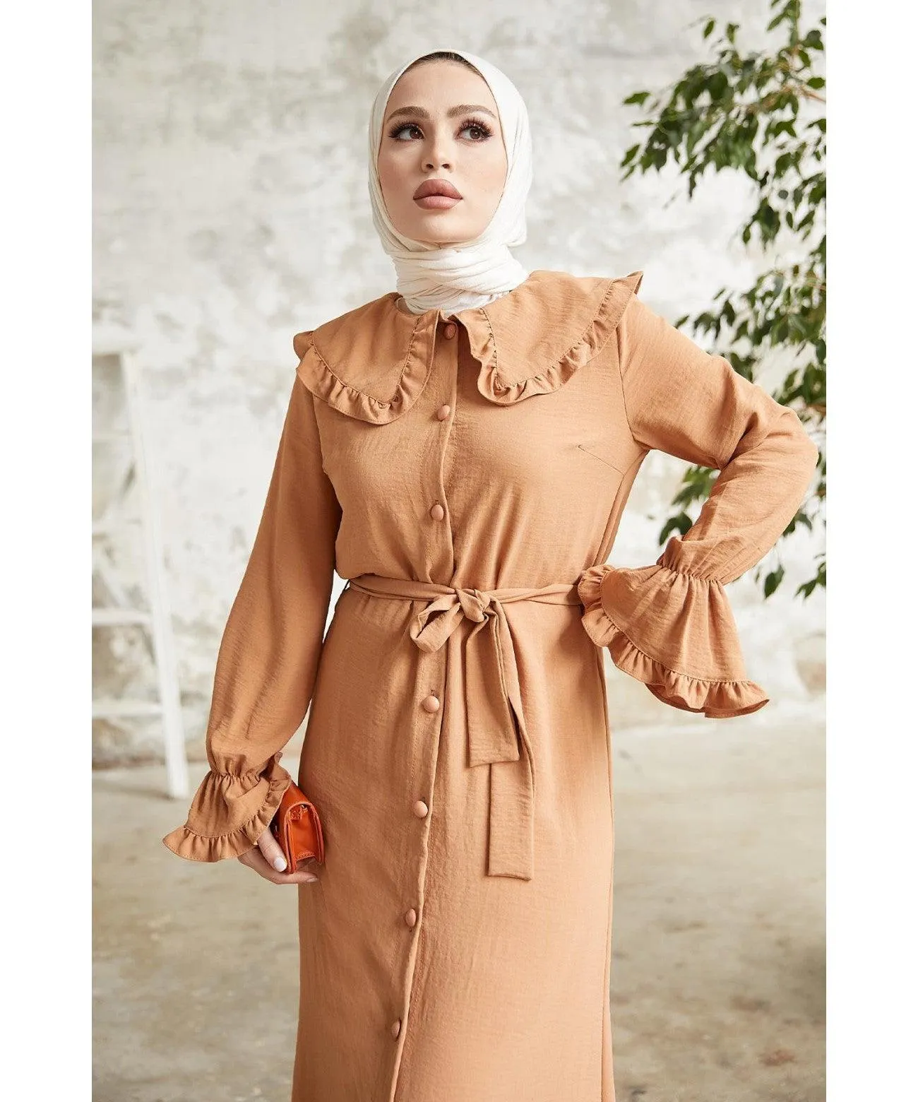 Salmon Brown Sleeve Frill Baby Collar Dress | Elegant and Playful